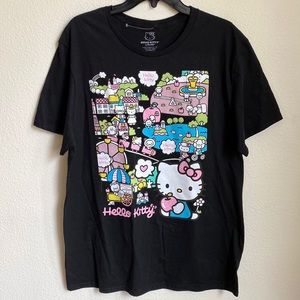 Sanrio Hello Kitty City Scene Black 100% Cotton Boyfriend T-Shirt Sz Large
